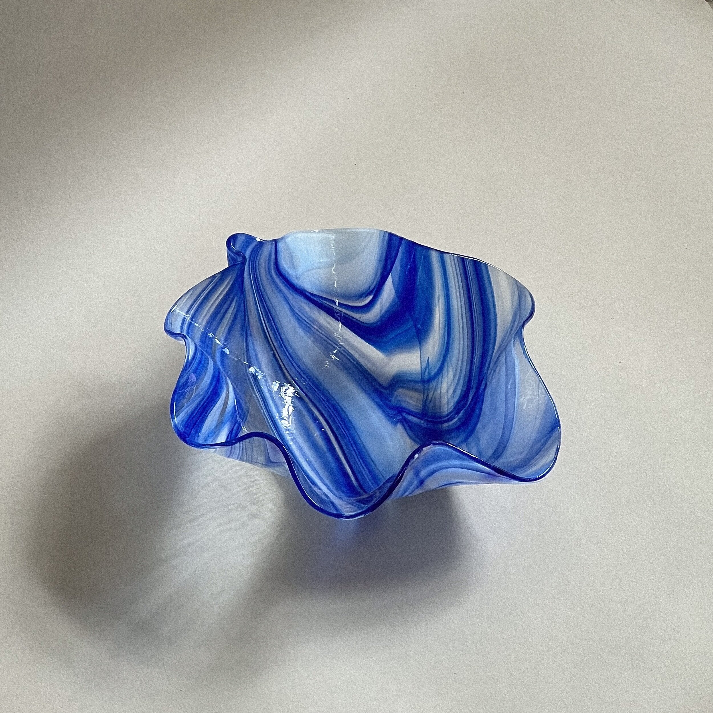 Midcentury Blue Wavy Glass Bowl
